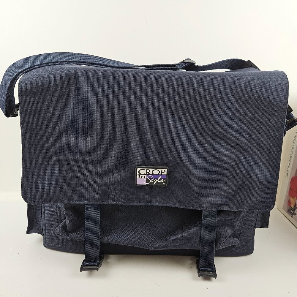 Crop In Style Bag Navy Canvas Scrapbooking Pen Holders Pockets Adjustable Strap